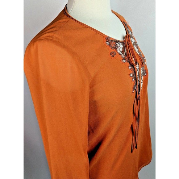 Nurture Apricot Blouse Embellished Beaded Size Small Billow Sleeves Front Tie - Picture 7 of 8